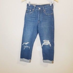 Levi's 501 high rise premium cropped blue cotton jeans